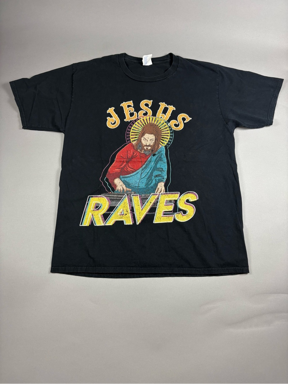 Jesus Raves DJ Graphic Festival Tee Black Large